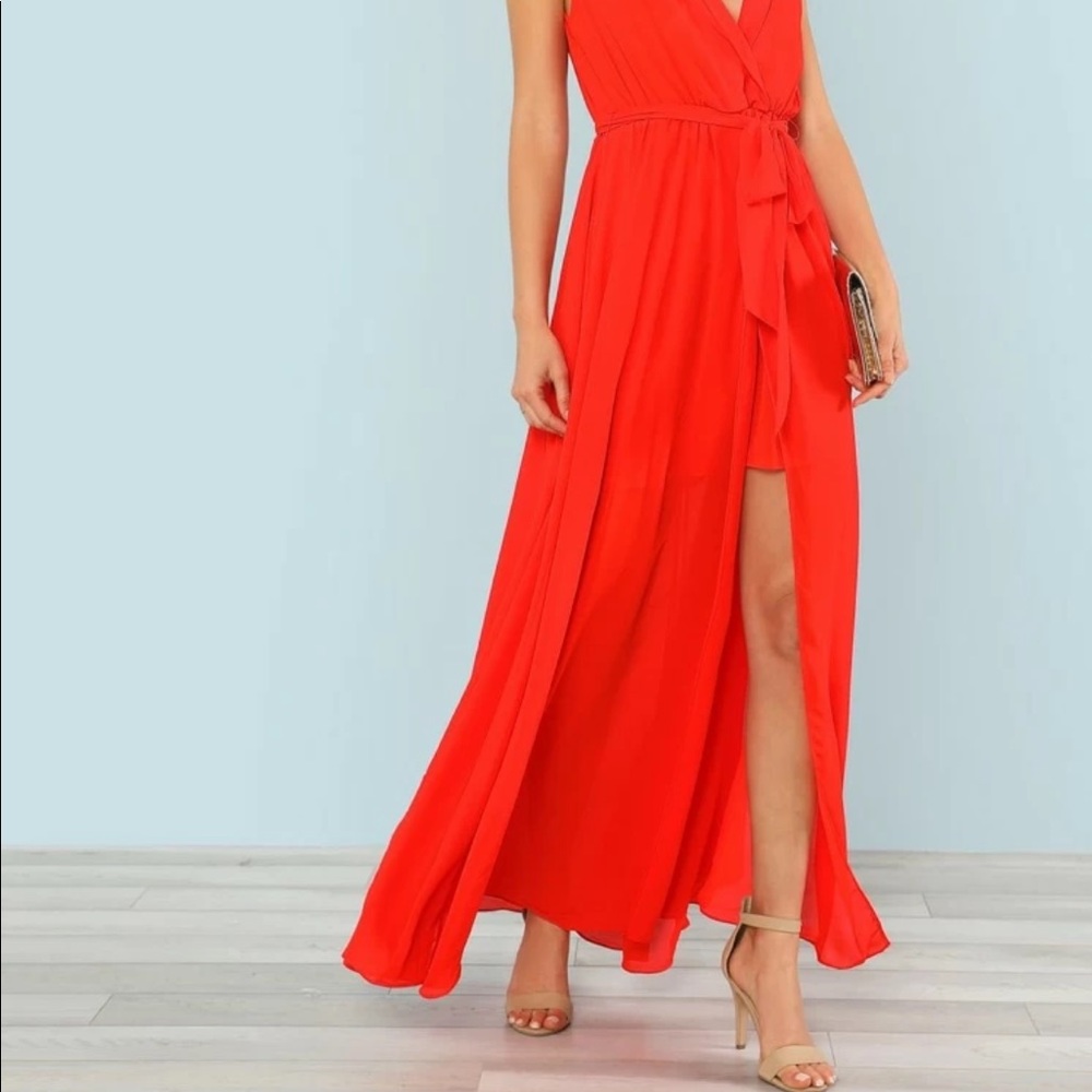 Red Sleeveless Wrap Maxi Dress with Tie Waist & High Slit – Size XS - Picture 3 of 6